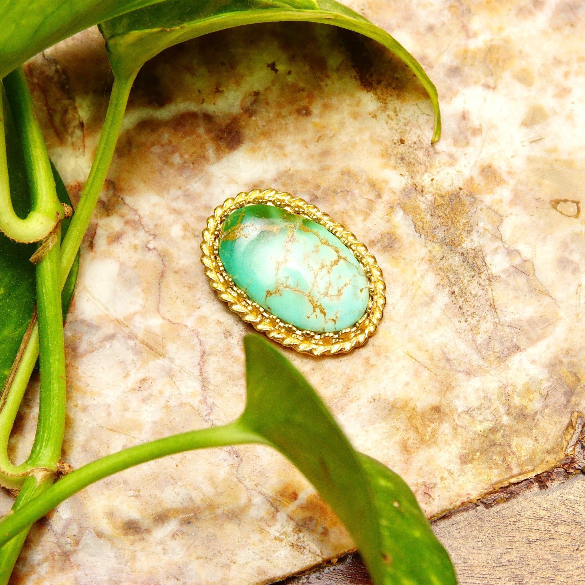 Ornate 14K Green Turquoise Cab Pendant, Yellow Gold Crown Bezel Setting, Hidden Double Loop Bail, 30mm