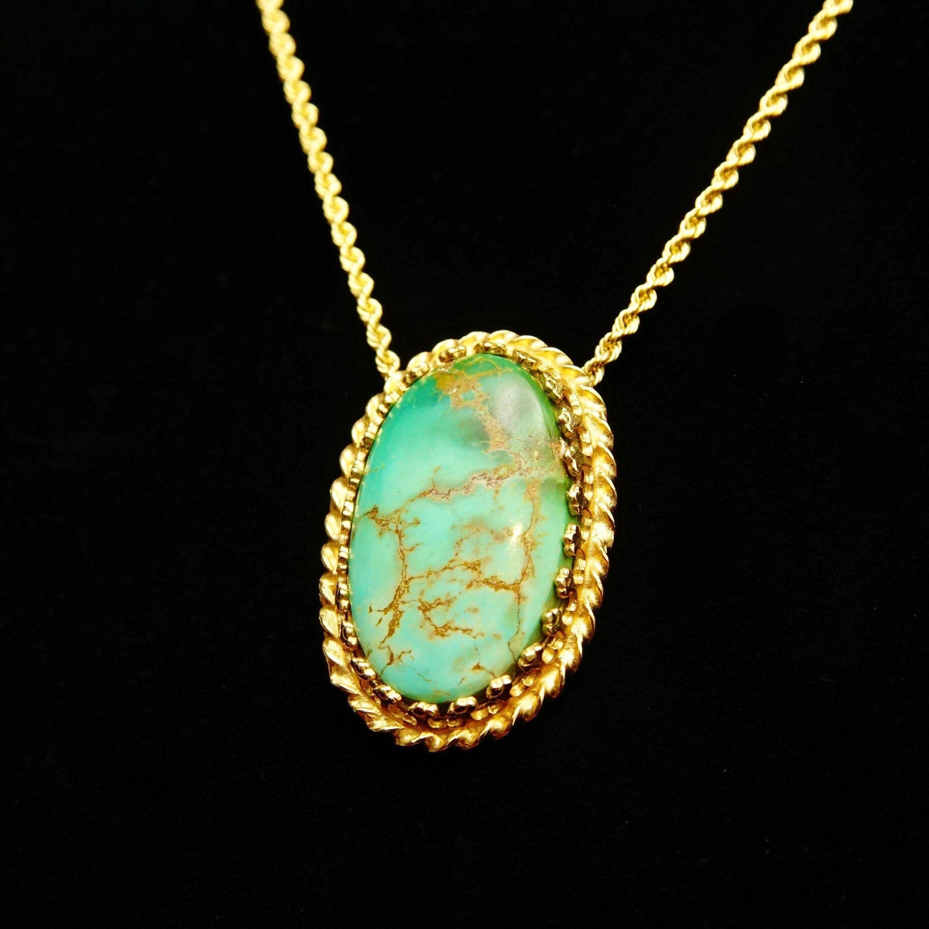 Ornate 14K Green Turquoise Cab Pendant, Yellow Gold Crown Bezel Setting, Hidden Double Loop Bail, 30mm