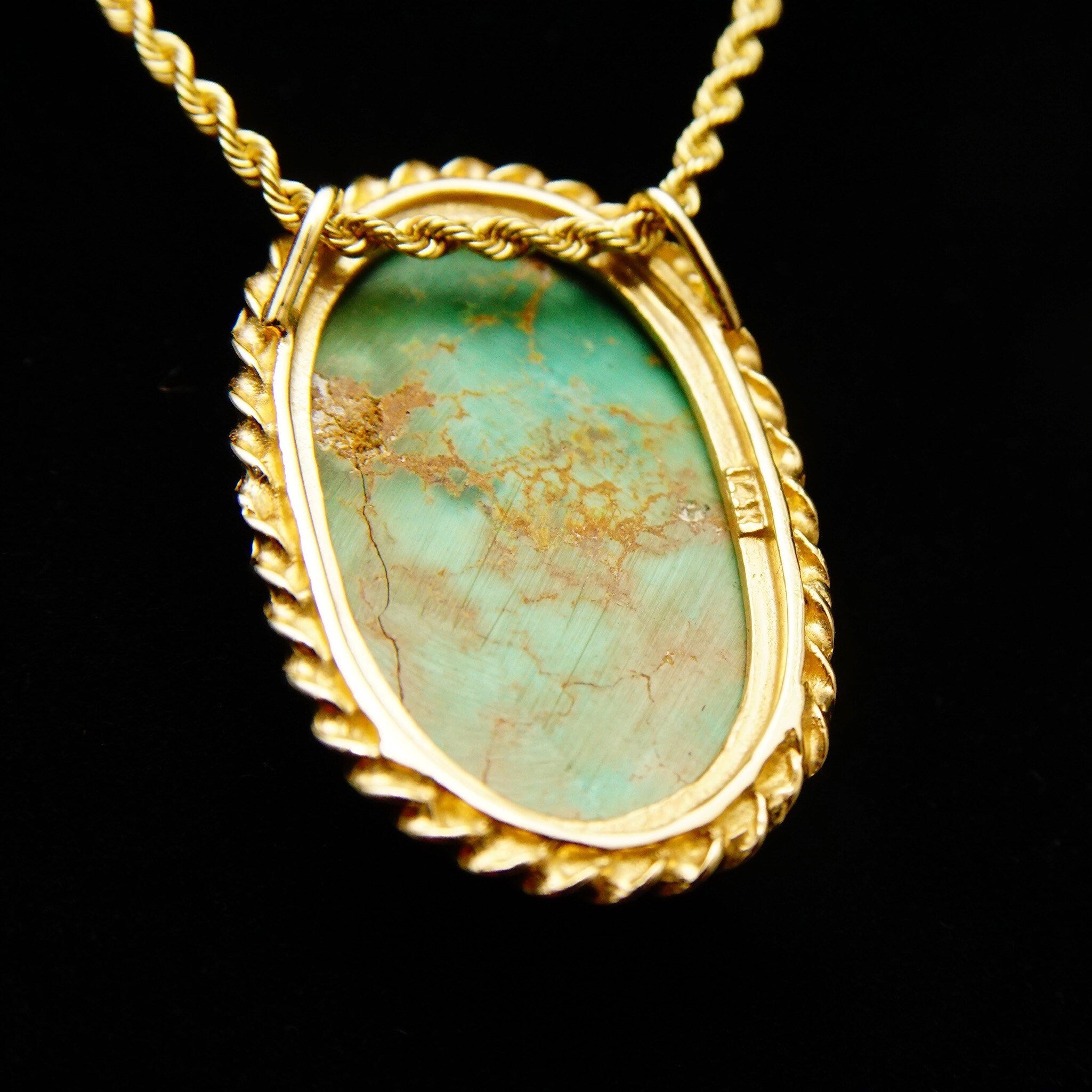 Ornate 14K Green Turquoise Cab Pendant, Yellow Gold Crown Bezel Setting, Hidden Double Loop Bail, 30mm