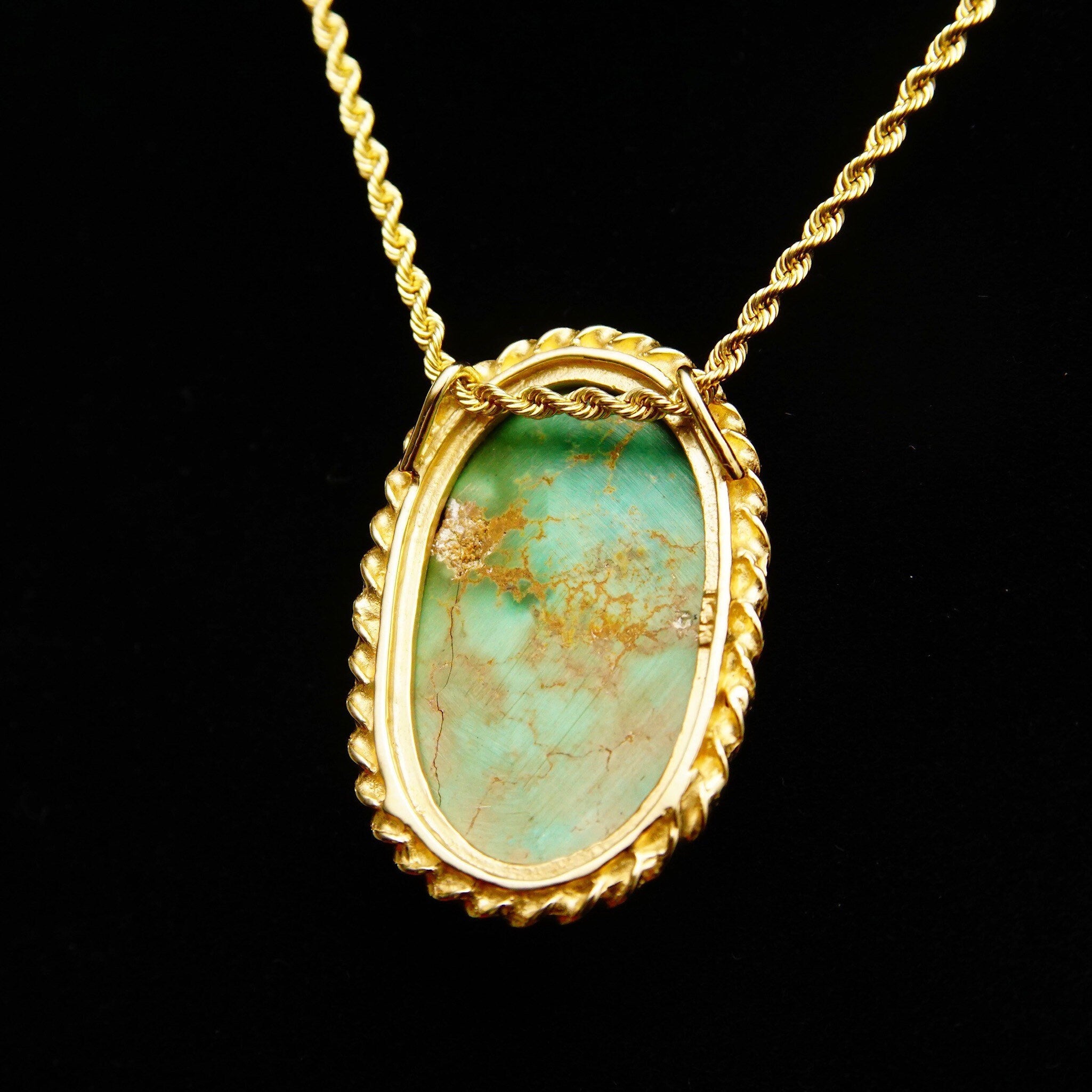 Ornate 14K Green Turquoise Cab Pendant, Yellow Gold Crown Bezel Setting, Hidden Double Loop Bail, 30mm