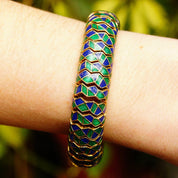 Vintage CINER Green & Blue Enamel Serpent Bracelet, Chunky Articulated Gold Tone Bracelet, Snake Skin Design, Gaudy, 15mm Wide, 7 1/4" L