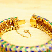Vintage CINER Green & Blue Enamel Serpent Bracelet, Chunky Articulated Gold Tone Bracelet, Snake Skin Design, Gaudy, 15mm Wide, 7 1/4" L