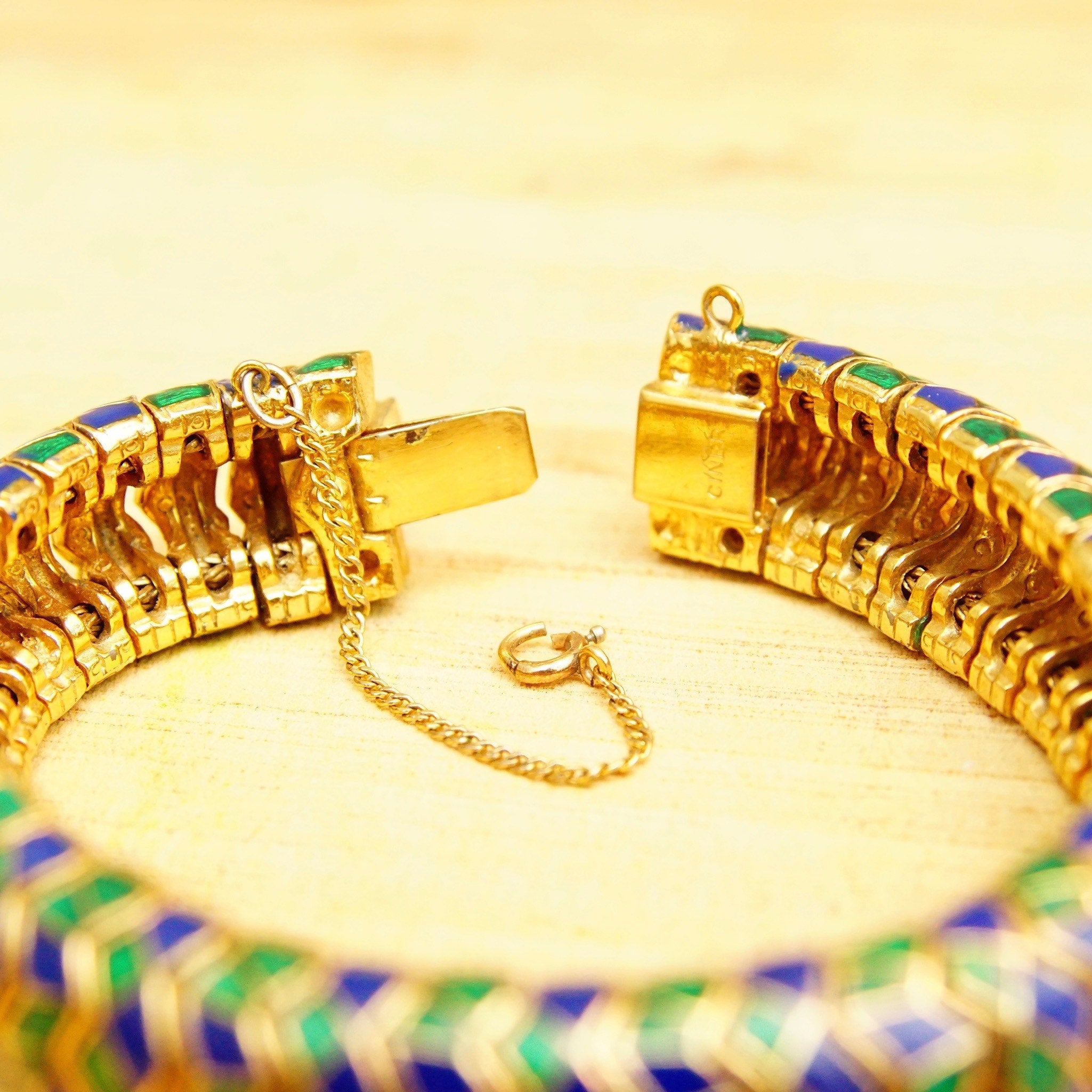 Vintage CINER Green & Blue Enamel Serpent Bracelet, Chunky Articulated Gold Tone Bracelet, Snake Skin Design, Gaudy, 15mm Wide, 7 1/4" L