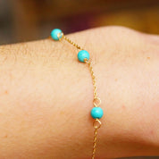 Vintage 14K Gold Turquoise Bead Station Bracelet, Dainty Loose Rope Chain, 4mm Turquoise Beads, 585 Jewelry, Opera Bracelet, 7" Long