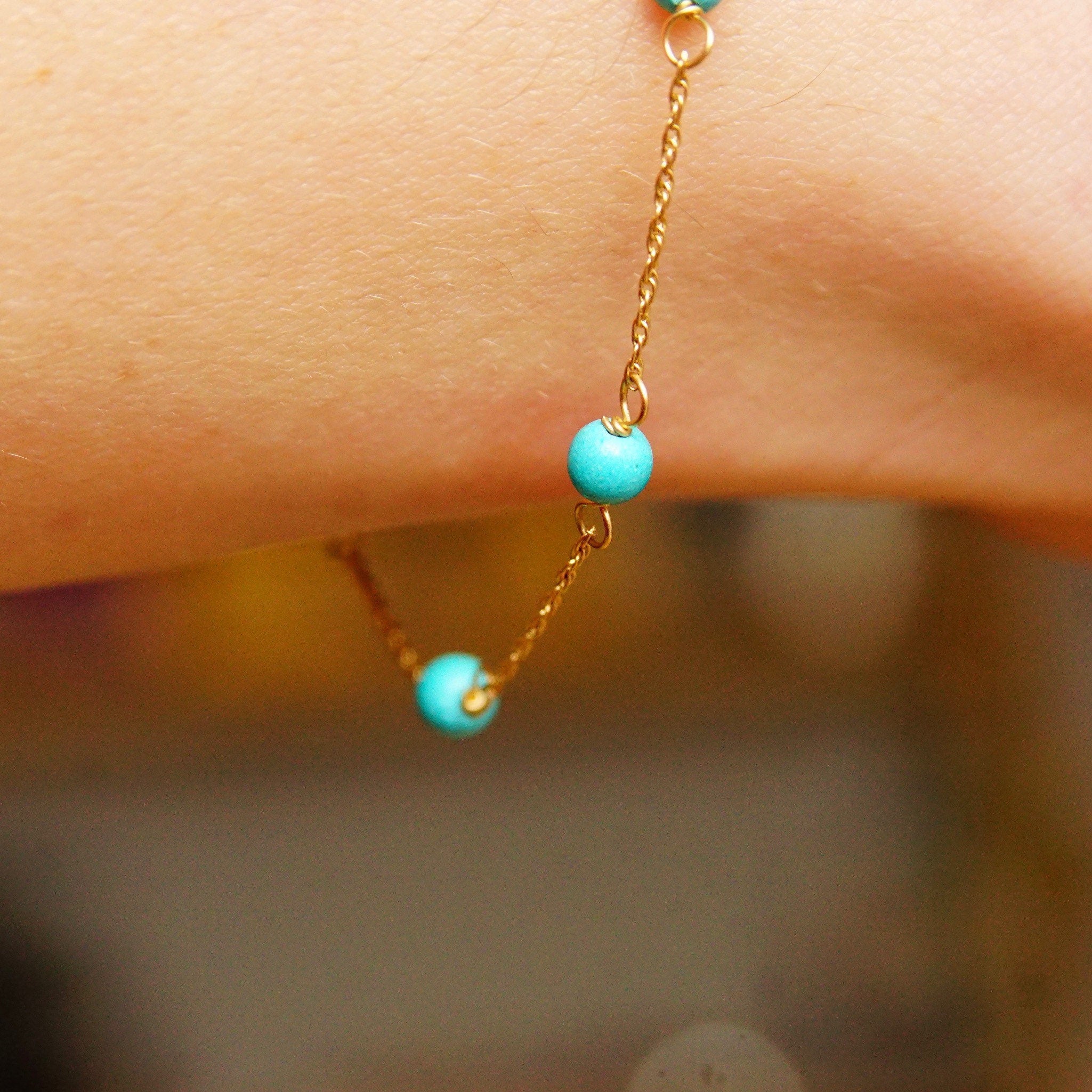 Vintage 14K Gold Turquoise Bead Station Bracelet, Dainty Loose Rope Chain, 4mm Turquoise Beads, 585 Jewelry, Opera Bracelet, 7" Long