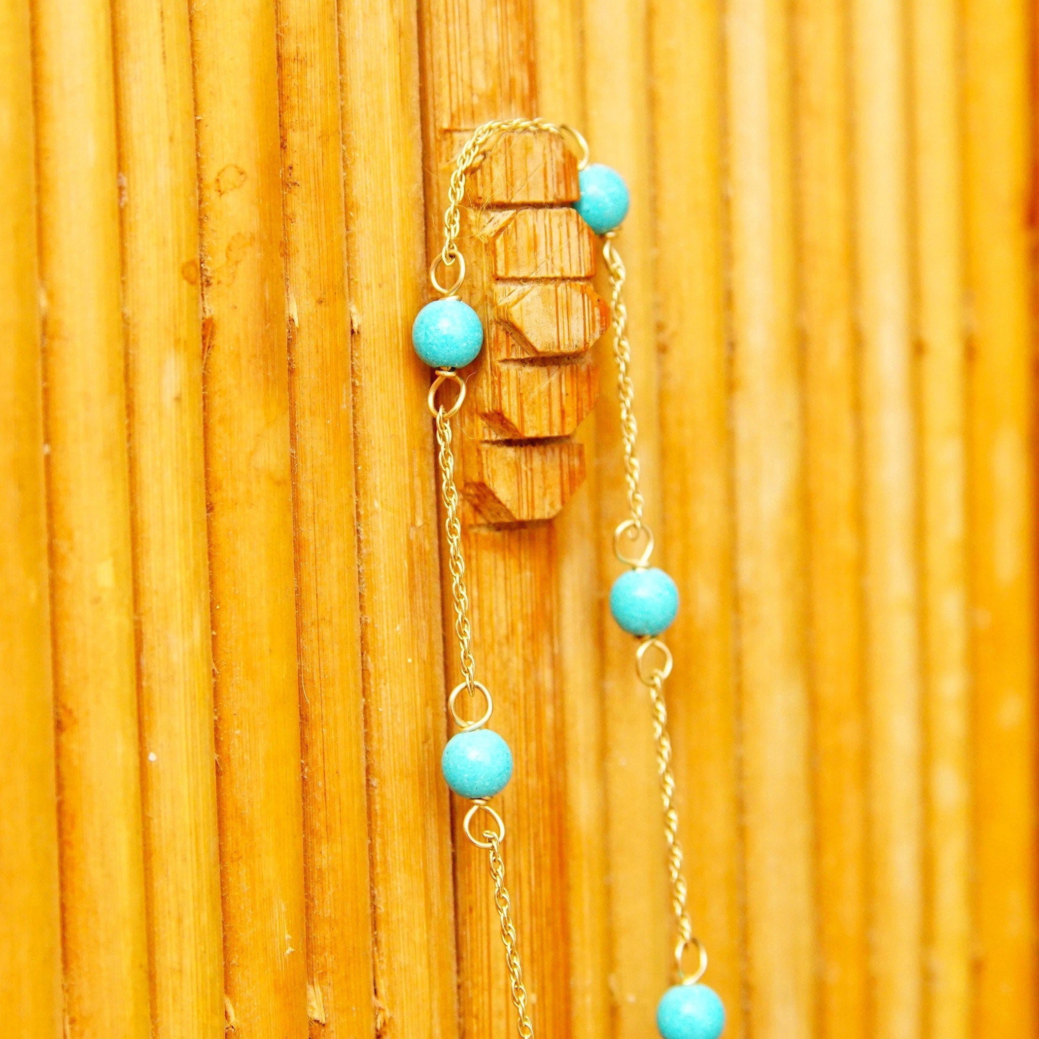 Vintage 14K Gold Turquoise Bead Station Bracelet, Dainty Loose Rope Chain, 4mm Turquoise Beads, 585 Jewelry, Opera Bracelet, 7" Long