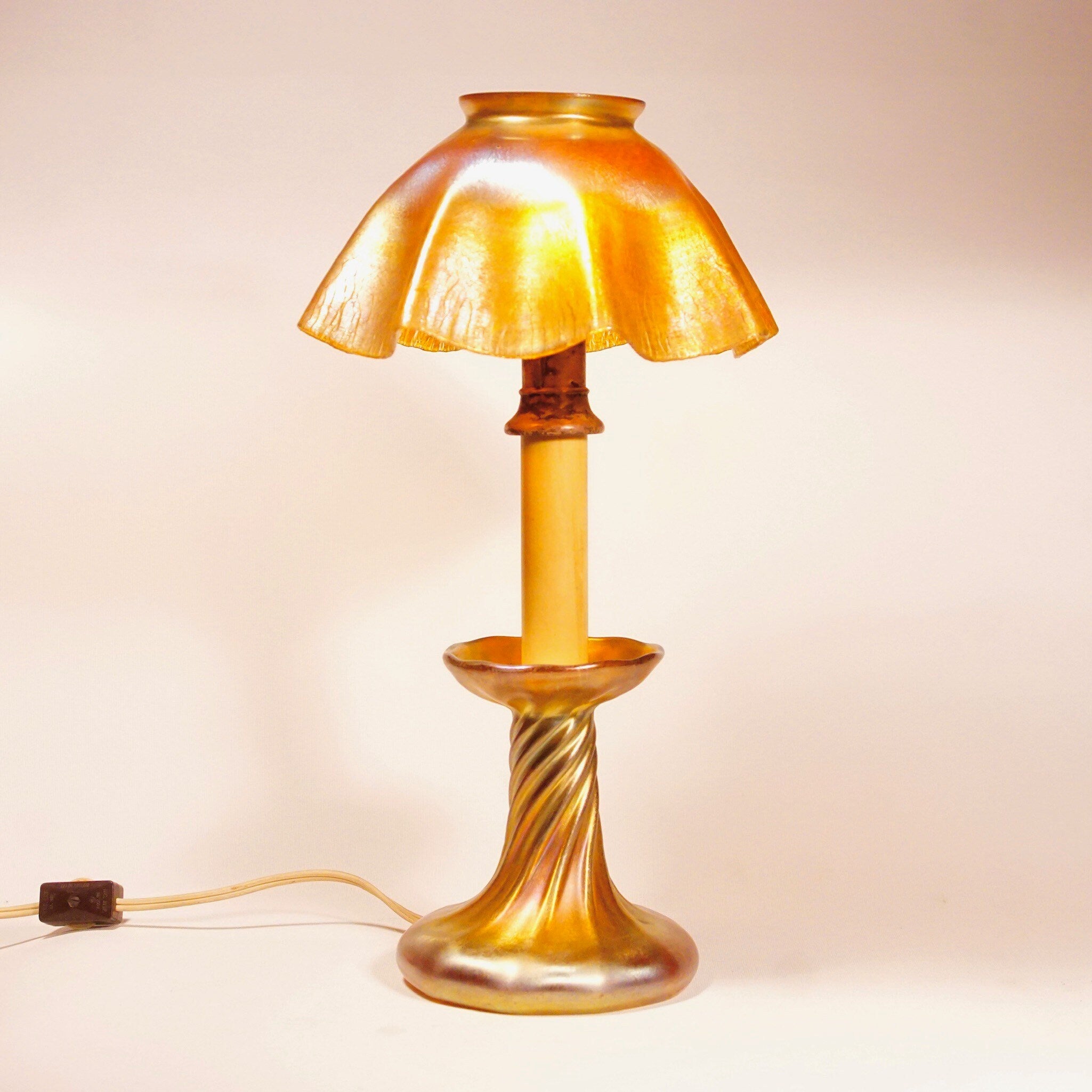 Signed TIFFANY Louis Comfort Favrile Iridescent Glass Candle Lamp LCT Working Condition, 12 1/2" Tall
