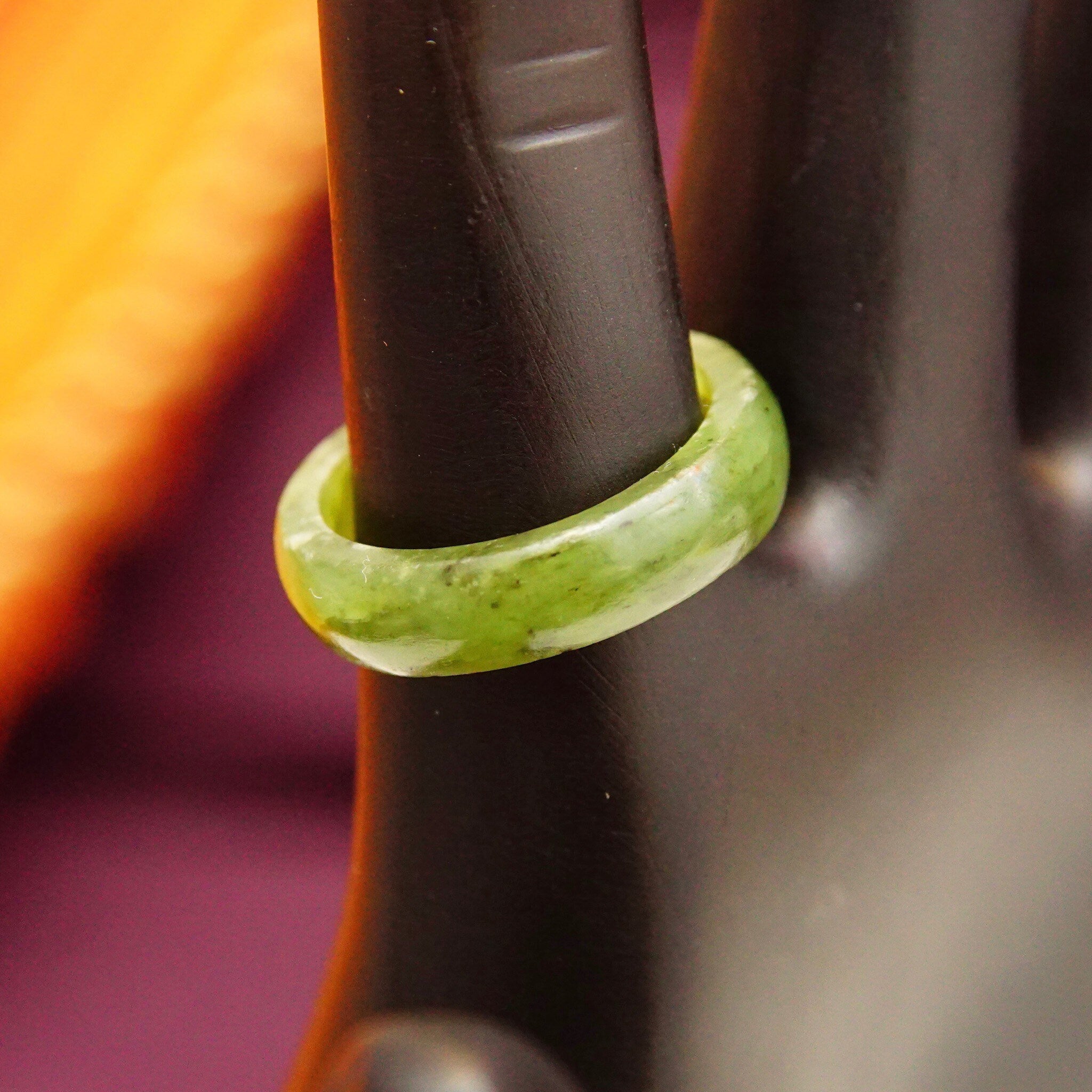 Vintage Solid Jadeite Jade Band Ring, Marbled Dark Green Gemstone, 5mm Rounded Stone Band, Stackable Jade Ring, Size 5 1/2 US