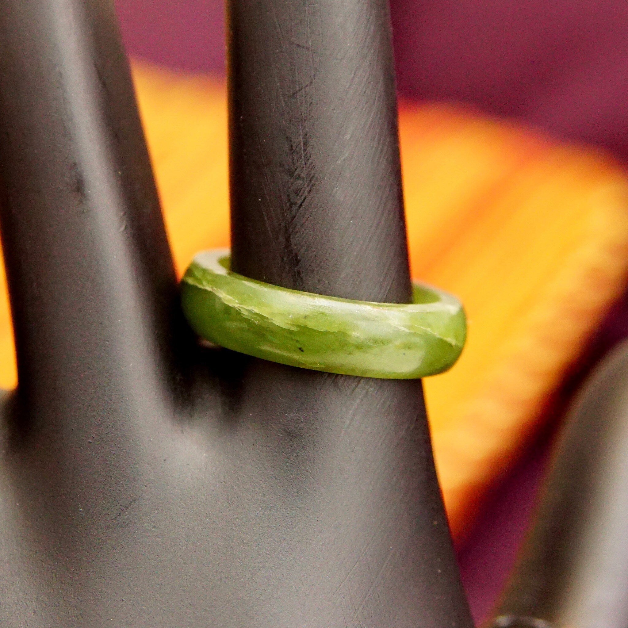 Vintage Solid Jadeite Jade Band Ring, Marbled Dark Green Gemstone, 5mm Rounded Stone Band, Stackable Jade Ring, Size 5 1/2 US