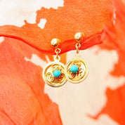 Vintage 14K Gold Filigree Turquoise Accent Dangle Earrings, Yellow Gold Discs, Prong Set Turquoise Bead, 21mm
