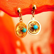 Vintage 14K Gold Filigree Turquoise Accent Dangle Earrings, Yellow Gold Discs, Prong Set Turquoise Bead, 21mm