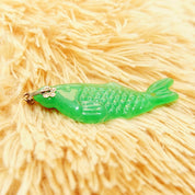 Vintage Carved Green Jadeite Jade Fish Pendant, Vibrant Green Jade Stone, Relief Scale Designs, Silver Necklace Bail, 2 1/4" L,