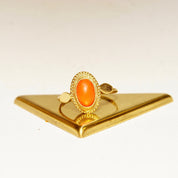 Vintage 14K Yellow Gold Coral Cabochon Ring, Embellished Bezel Setting, Orange/Red Coral, Bohemian Style, Elegant 585 Ring,  Size 6 1/4 US