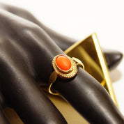 Vintage 14K Yellow Gold Coral Cabochon Ring, Embellished Bezel Setting, Orange/Red Coral, Bohemian Style, Elegant 585 Ring,  Size 6 1/4 US