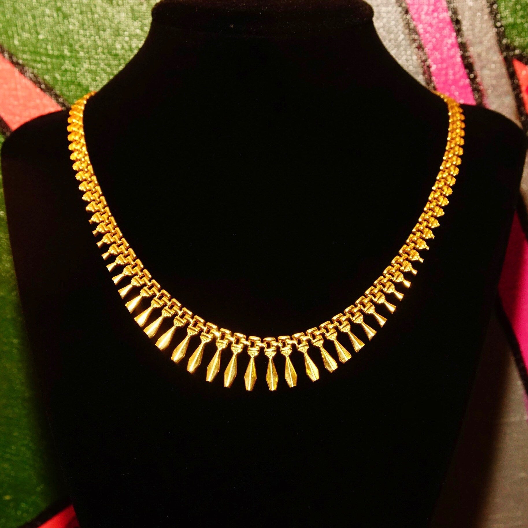 Vintage Italian Modernist 14K Yellow Gold Fringe Collar Necklace, Panther Links W/ Gold Coffin Fringe, Articulated Choker, Bohemian, 17" L