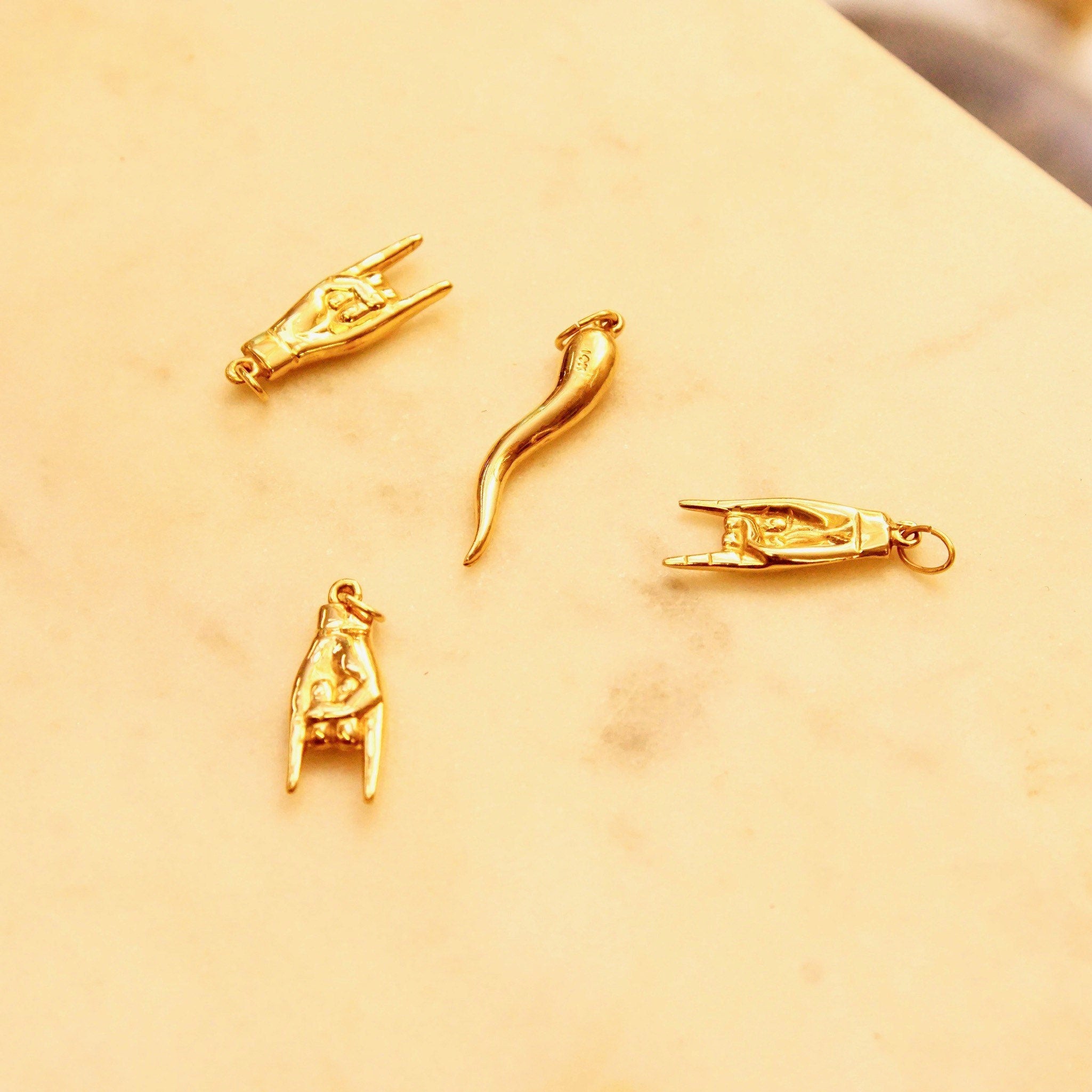 Vintage 14K Yellow Gold Italian Good Luck Charms, 1" Maloik Charm, 1 3/8" Italian Horn, Talisman, Small Puffed Gold Pendants/Charms