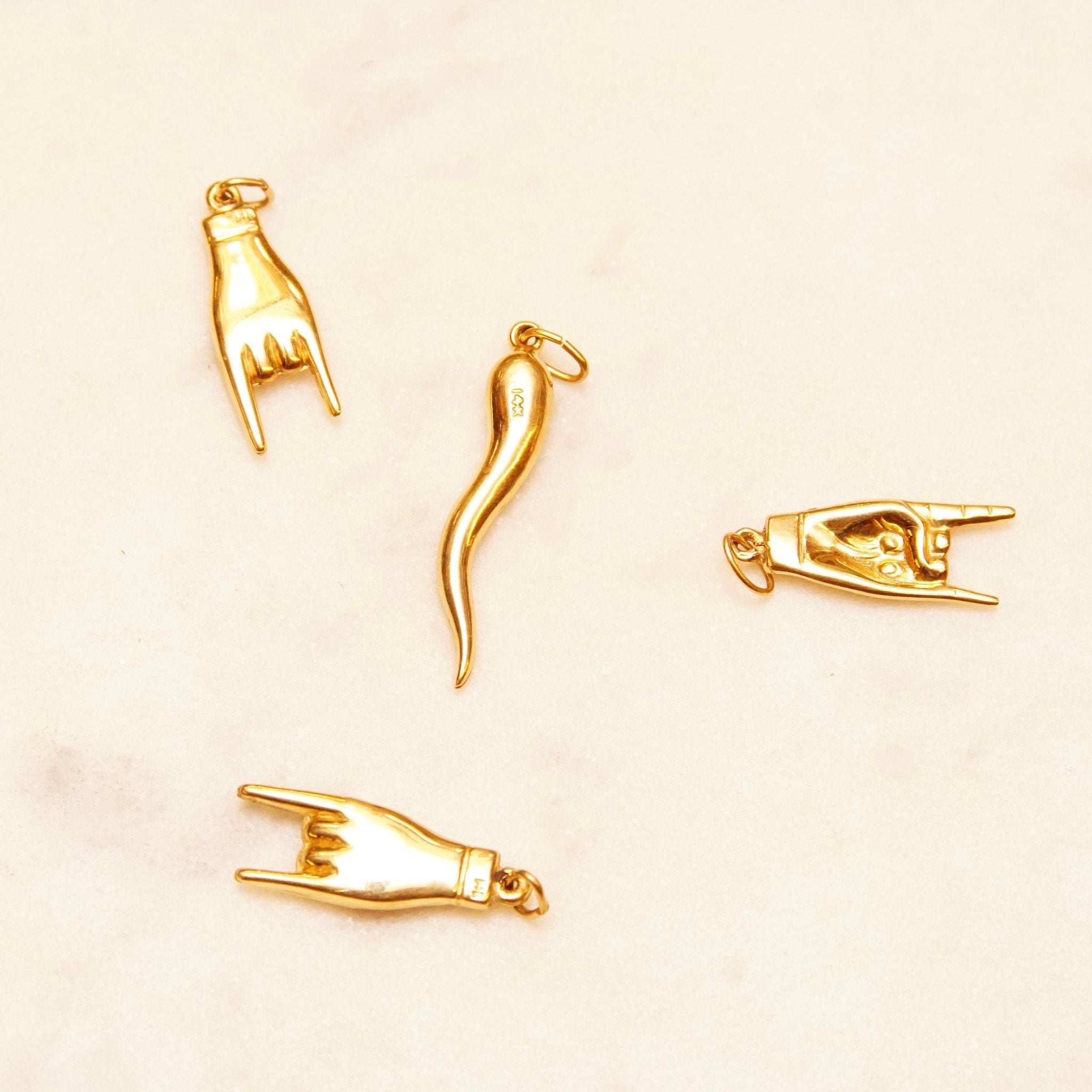Vintage 14K Yellow Gold Italian Good Luck Charms, 1" Maloik Charm, 1 3/8" Italian Horn, Talisman, Small Puffed Gold Pendants/Charms