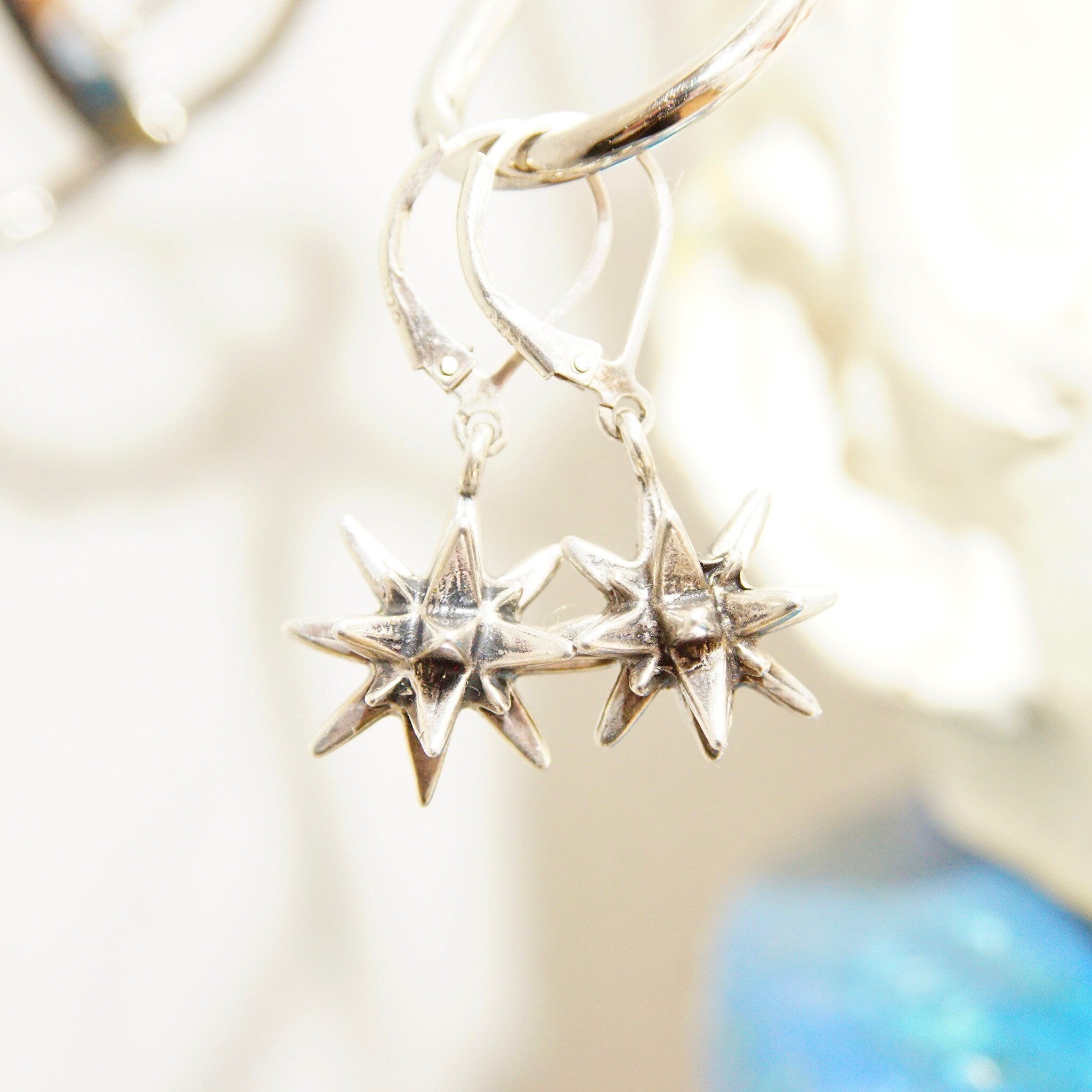 Vintage Sterling Silver Spiked Ball Dangle Earrings, 3D Spiky Drop Earrings, 18-Point Star, Punk/Industrial, 925 Leverback, 1 1/4" L