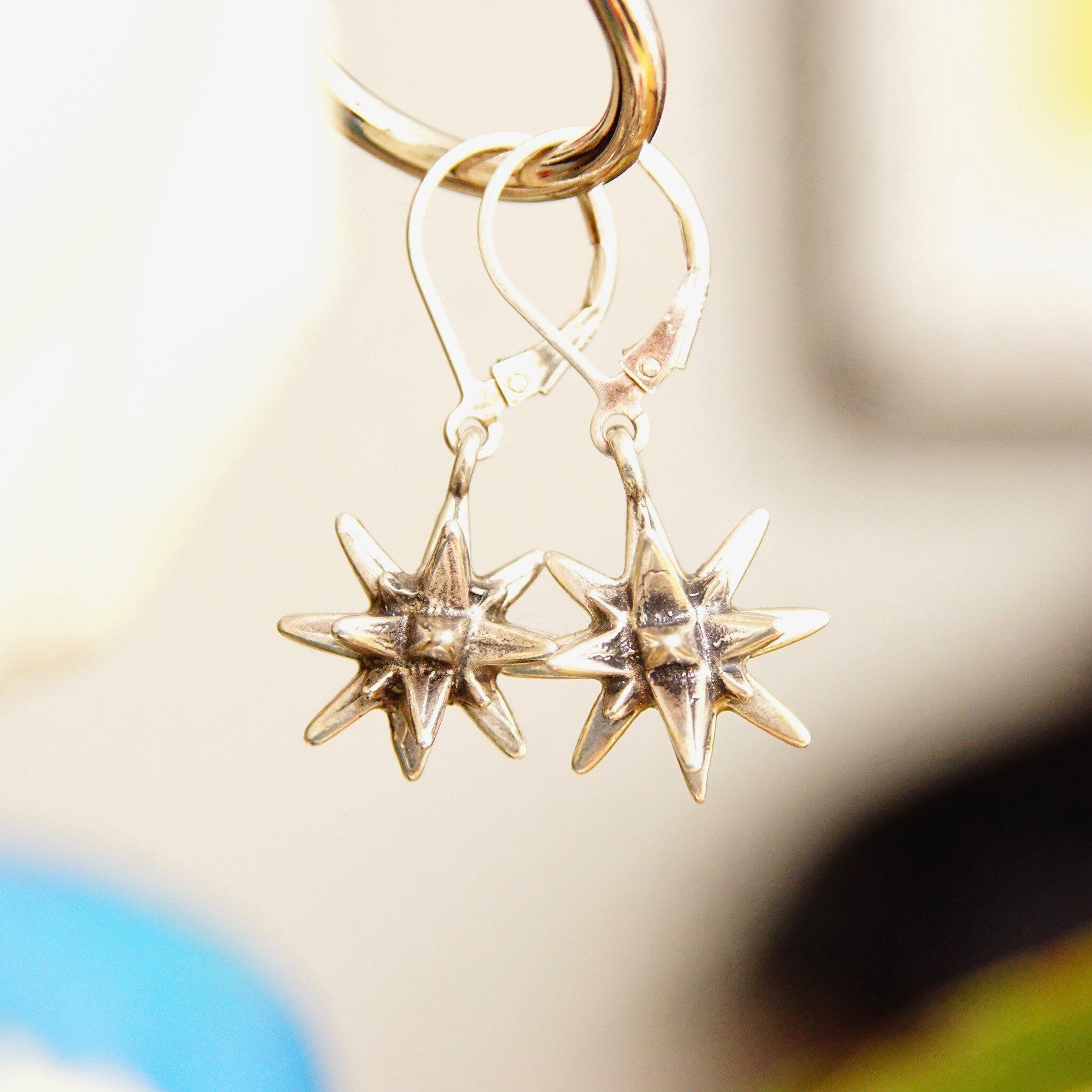 Vintage Sterling Silver Spiked Ball Dangle Earrings, 3D Spiky Drop Earrings, 18-Point Star, Punk/Industrial, 925 Leverback, 1 1/4" L