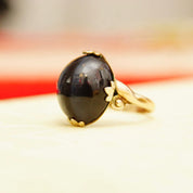 Antique 10K GF Cat's Eye Cabochon Ring, Ornate Fleur Prong Clips, Chatoyant Sillimanite Gemstone, Size 7 1/2 US
