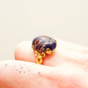 Vintage 10K GF Lapis Lazuli Cabochon Ring, Dark Blue Gemstone W/ Inclusions, Yellow Gold Ribbon Embellishments, Size 8 US