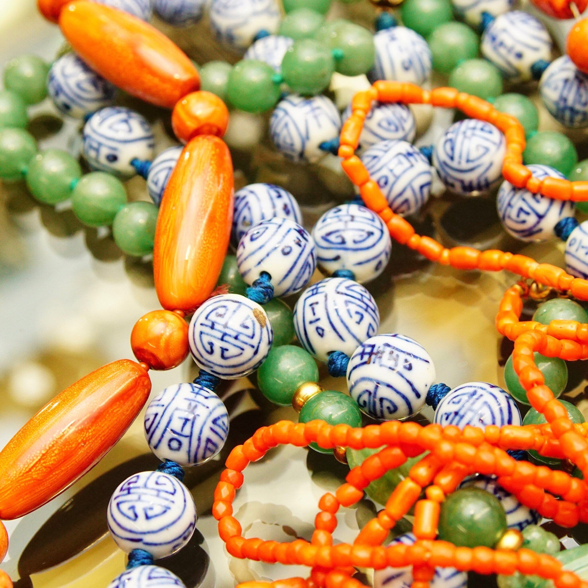 Vintage Chunky Bead Necklaces, Hand-Cut Coral Beads, Chinese Blue & White Porcelain Beads, Green Aventurine Necklace, Faux Coral Necklace