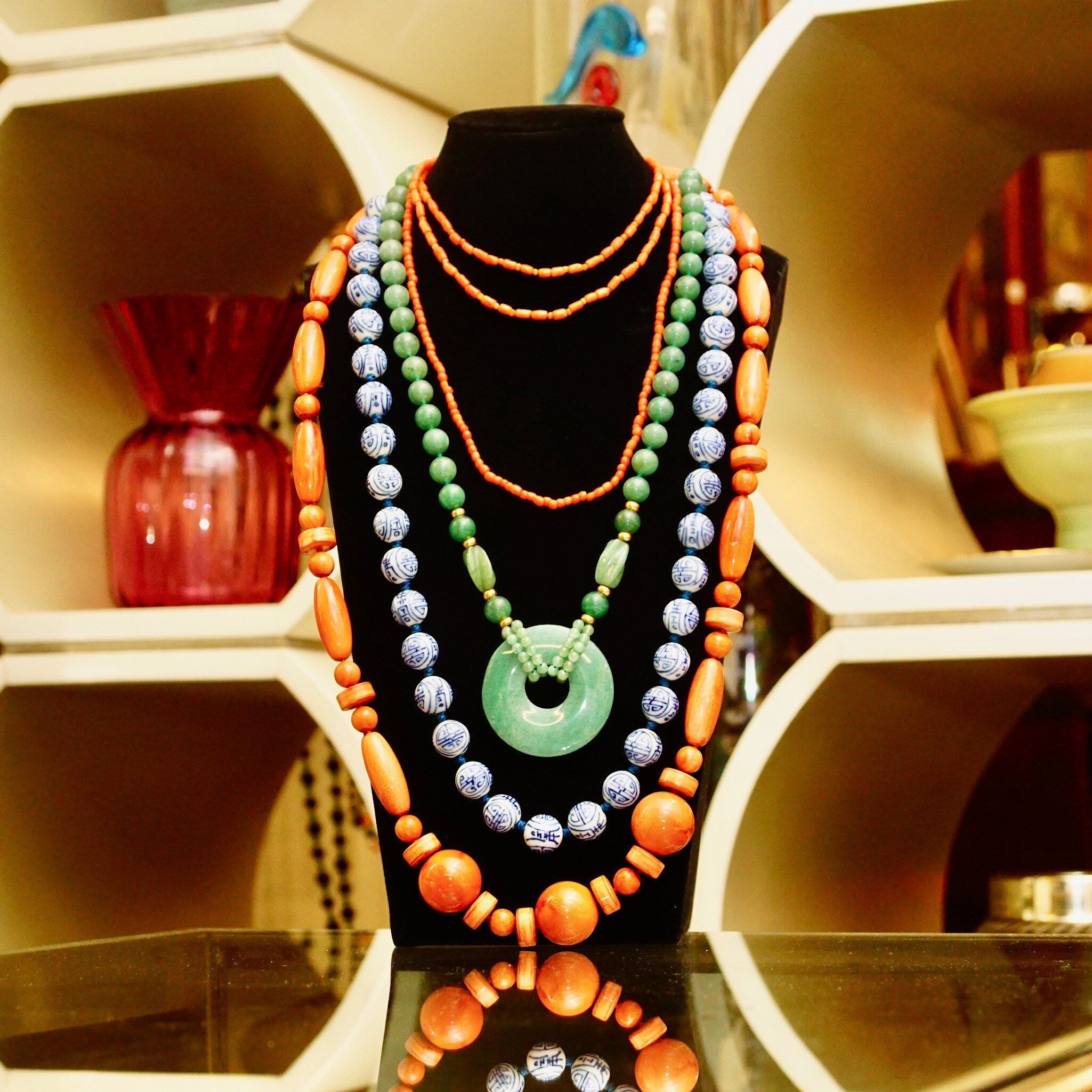 Vintage Chunky Bead Necklaces, Hand-Cut Coral Beads, Chinese Blue & White Porcelain Beads, Green Aventurine Necklace, Faux Coral Necklace