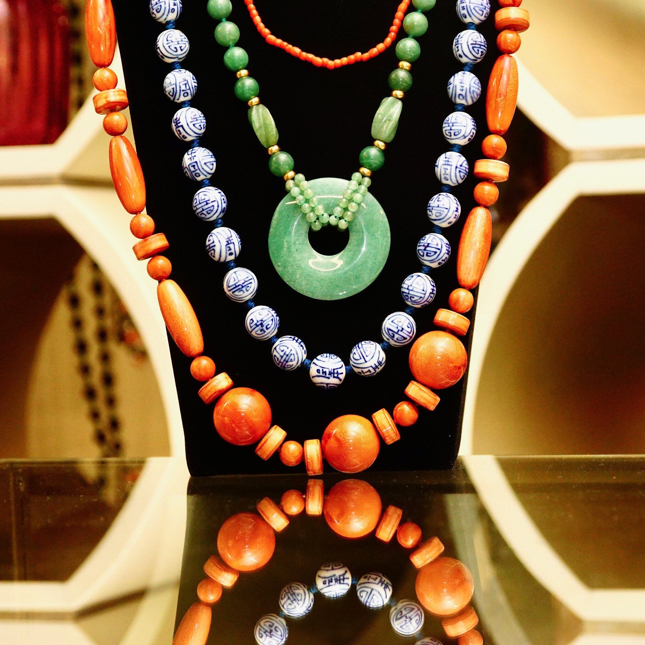 Vintage Chunky Bead Necklaces, Hand-Cut Coral Beads, Chinese Blue & White Porcelain Beads, Green Aventurine Necklace, Faux Coral Necklace