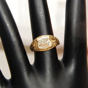 Antique Art Deco 10K Gold Plated Monogram Signet Ring, Engraved Shield Emblem, Floral Embellishments, Antique Gold Luster, Size 7 1/2 US