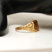 Antique Art Deco 10K Gold Plated Monogram Signet Ring, Engraved Shield Emblem, Floral Embellishments, Antique Gold Luster, Size 7 1/2 US