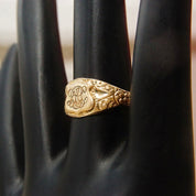 Antique Art Deco 10K Gold Plated Monogram Signet Ring, Engraved Shield Emblem, Floral Embellishments, Antique Gold Luster, Size 7 1/2 US