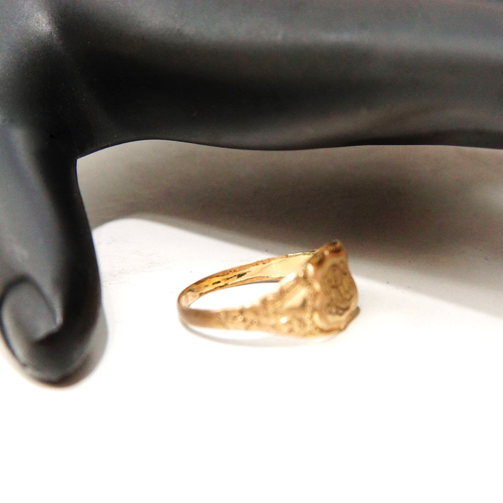 Antique Art Deco 10K Gold Plated Monogram Signet Ring, Engraved Shield Emblem, Floral Embellishments, Antique Gold Luster, Size 7 1/2 US
