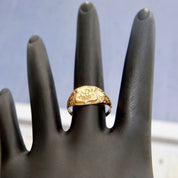 Antique Art Deco 10K Gold Plated Monogram Signet Ring, Engraved Shield Emblem, Floral Embellishments, Antique Gold Luster, Size 7 1/2 US