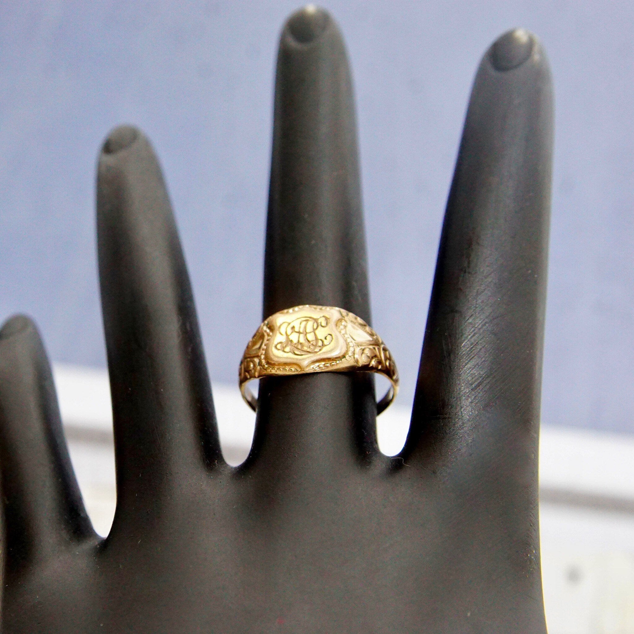 Antique Art Deco 10K Gold Plated Monogram Signet Ring, Engraved Shield Emblem, Floral Embellishments, Antique Gold Luster, Size 7 1/2 US