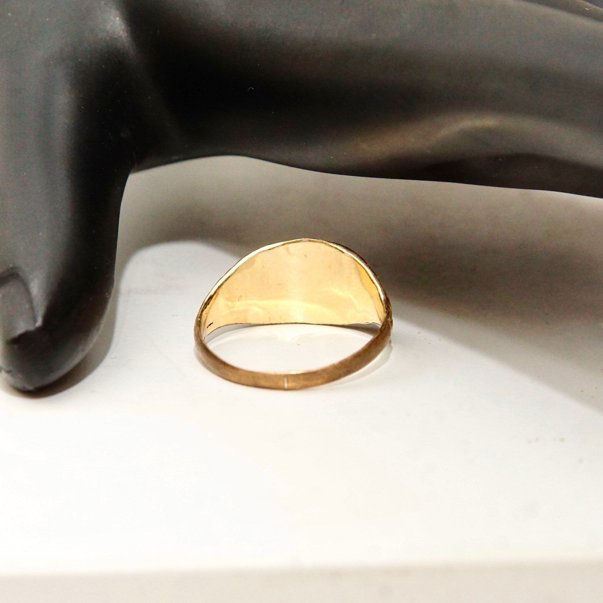 Antique Art Deco 10K Gold Plated Monogram Signet Ring, Engraved Shield Emblem, Floral Embellishments, Antique Gold Luster, Size 7 1/2 US