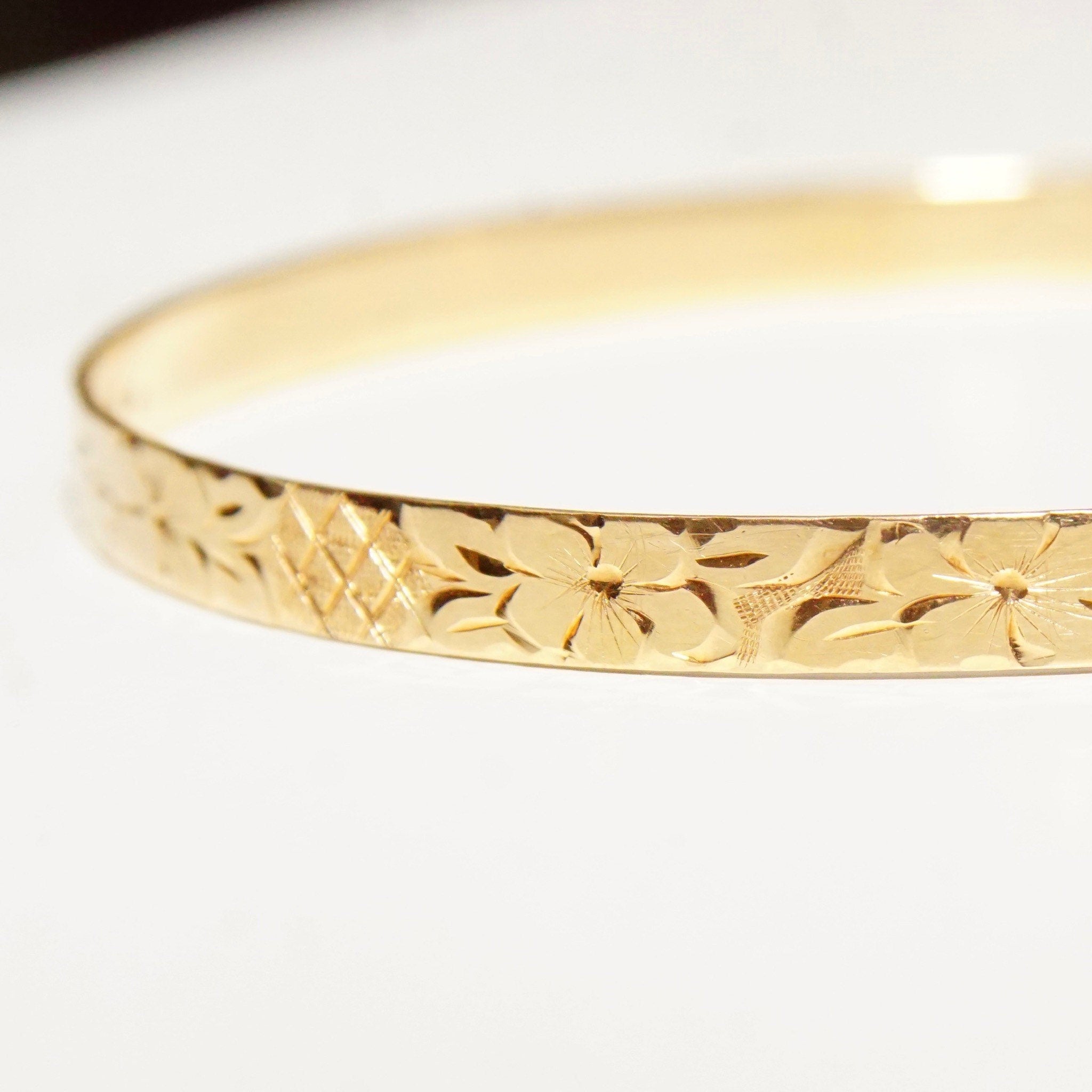 14K Flower Bangle Bracelet, Diamond-Cut Designs & Floral Motifs, Solid Yellow Gold Bangle, 5mm Wide, Stacking Bracelet