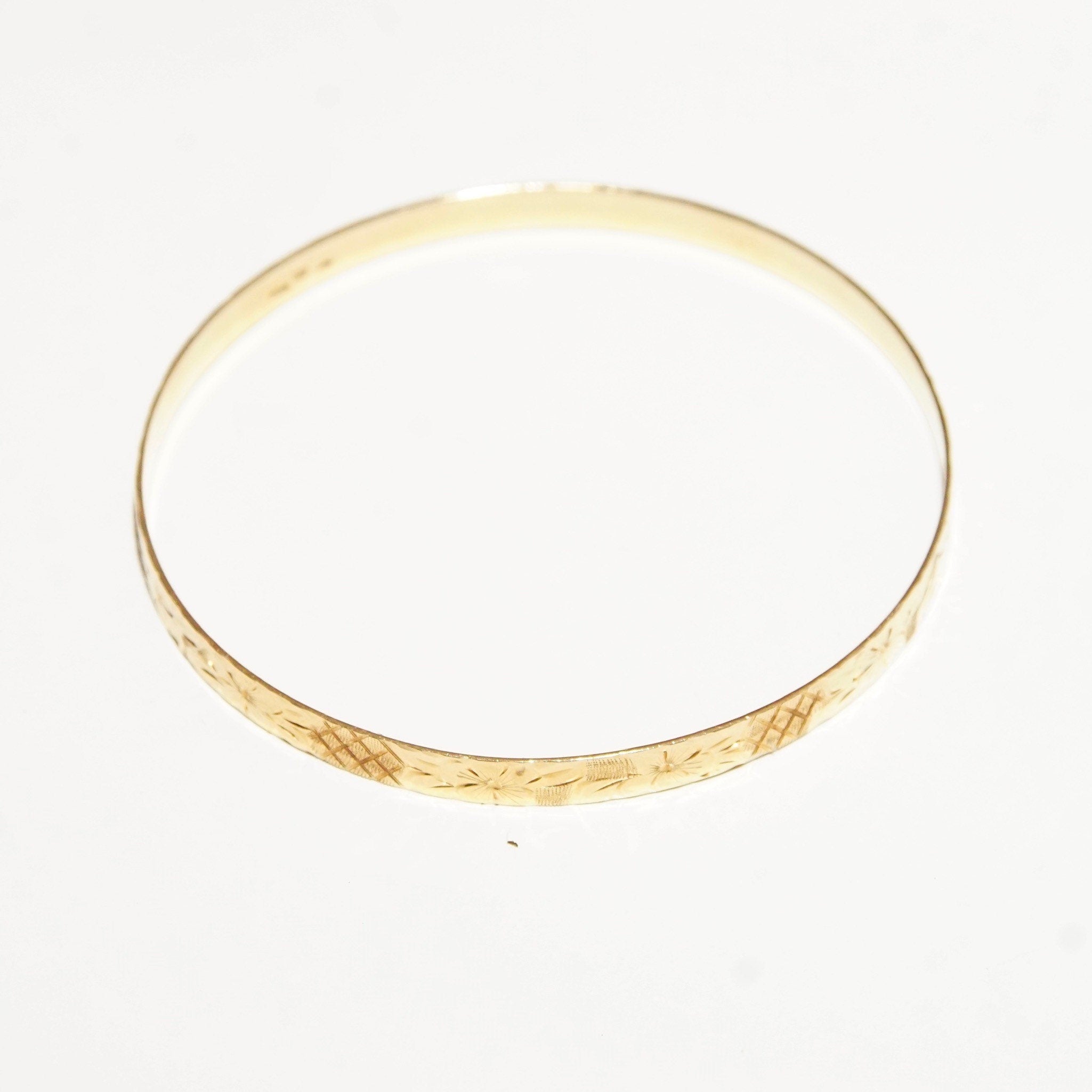 14K Flower Bangle Bracelet, Diamond-Cut Designs & Floral Motifs, Solid Yellow Gold Bangle, 5mm Wide, Stacking Bracelet