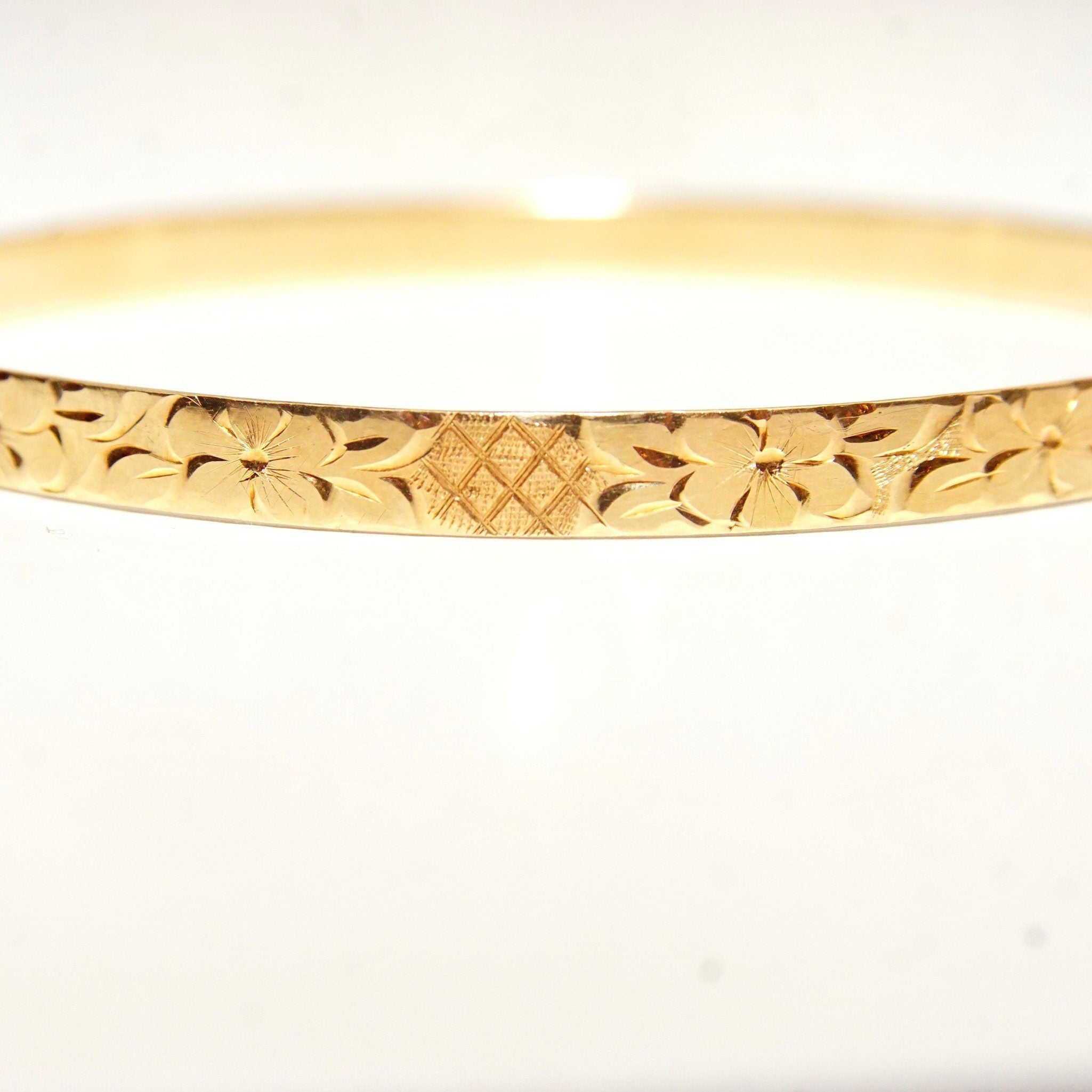 14K Flower Bangle Bracelet, Diamond-Cut Designs & Floral Motifs, Solid Yellow Gold Bangle, 5mm Wide, Stacking Bracelet