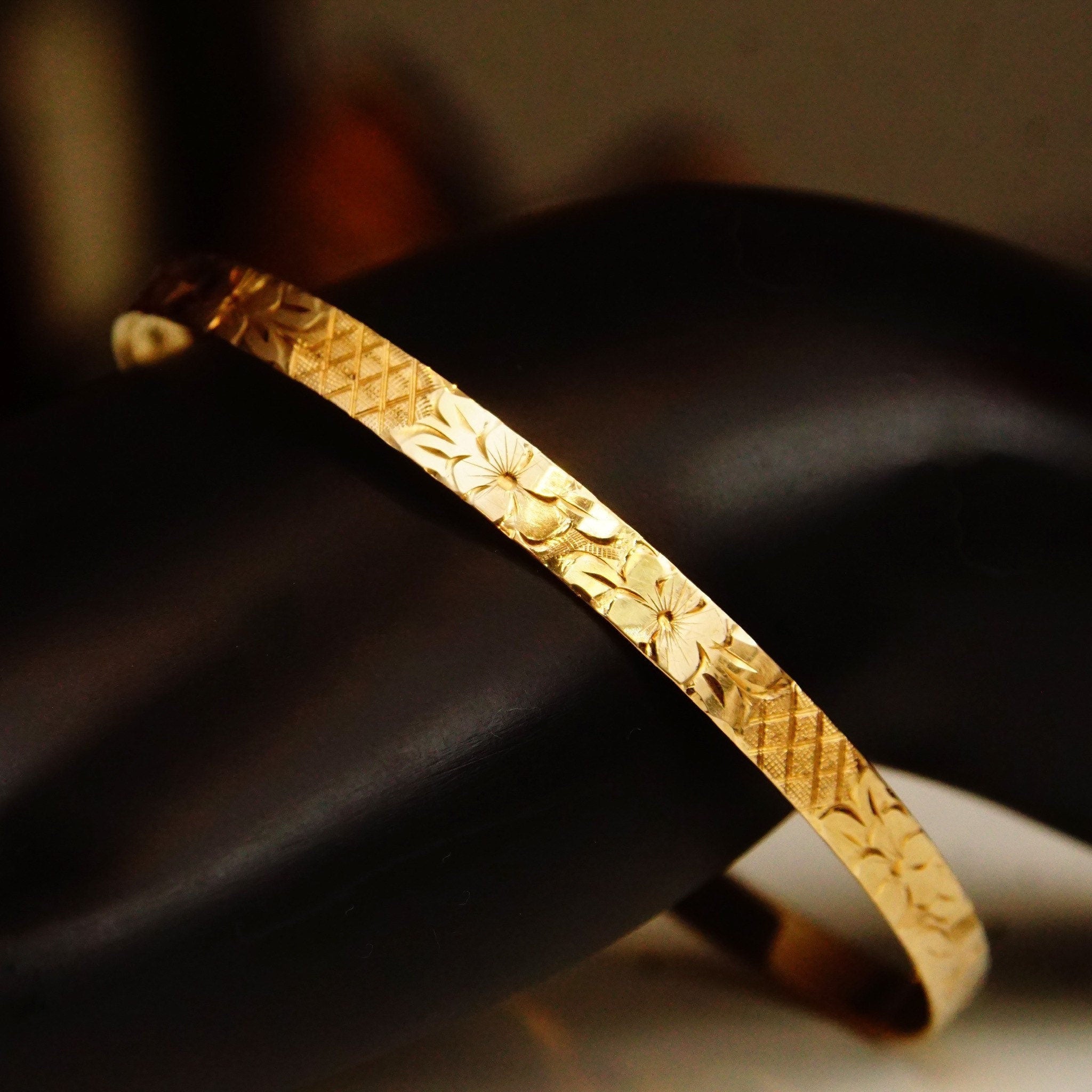 14K Flower Bangle Bracelet, Diamond-Cut Designs & Floral Motifs, Solid Yellow Gold Bangle, 5mm Wide, Stacking Bracelet