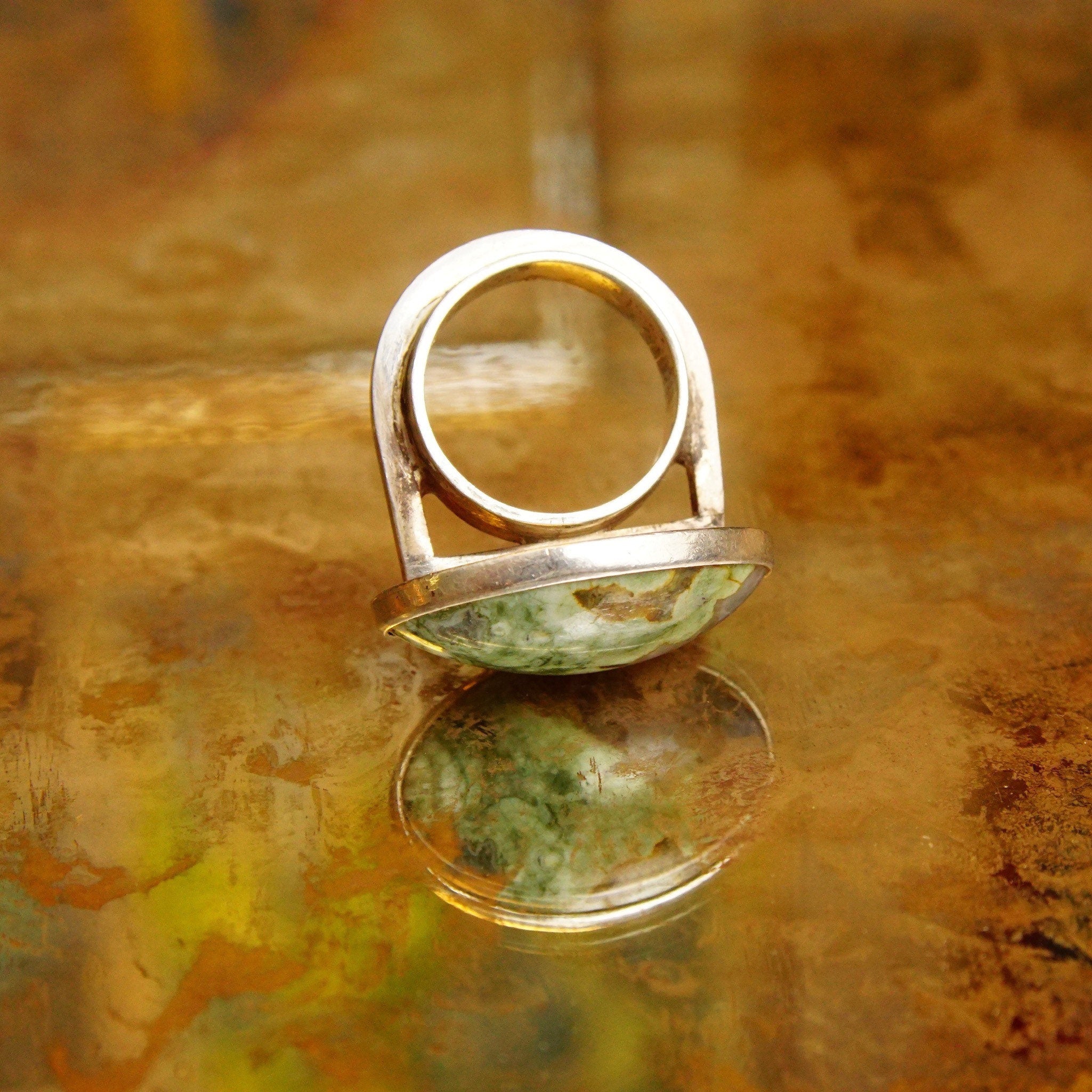 Vintage Modernist Sterling Silver Green Agate QuartzRing, Gemstone Cabochon Ring, Industrial Silver Band, Wide Silver Ring, Size 5 1/2 US