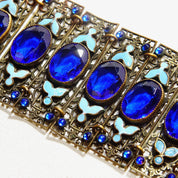 Victorian Czech Enamel Filigree Blue Glass Closed Cuff Bracelet, Blue Rhinestone Accents, Floral Details, Wide Panel Cuff, 7 3/4" L