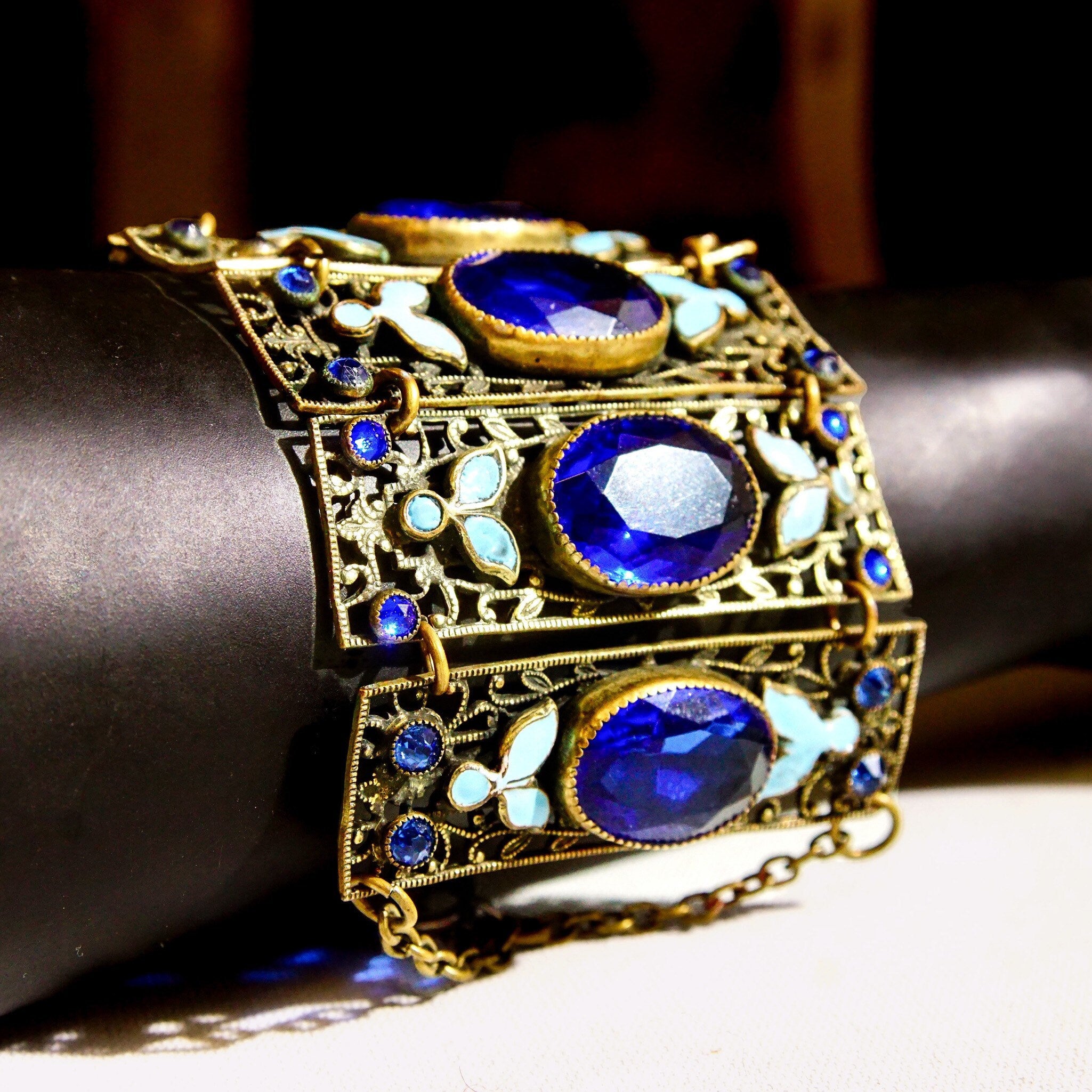 Victorian Czech Enamel Filigree Blue Glass Closed Cuff Bracelet, Blue Rhinestone Accents, Floral Details, Wide Panel Cuff, 7 3/4" L