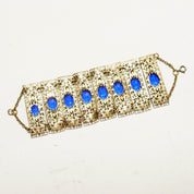 Victorian Czech Enamel Filigree Blue Glass Closed Cuff Bracelet, Blue Rhinestone Accents, Floral Details, Wide Panel Cuff, 7 3/4" L