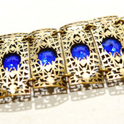 Victorian Czech Enamel Filigree Blue Glass Closed Cuff Bracelet, Blue Rhinestone Accents, Floral Details, Wide Panel Cuff, 7 3/4" L