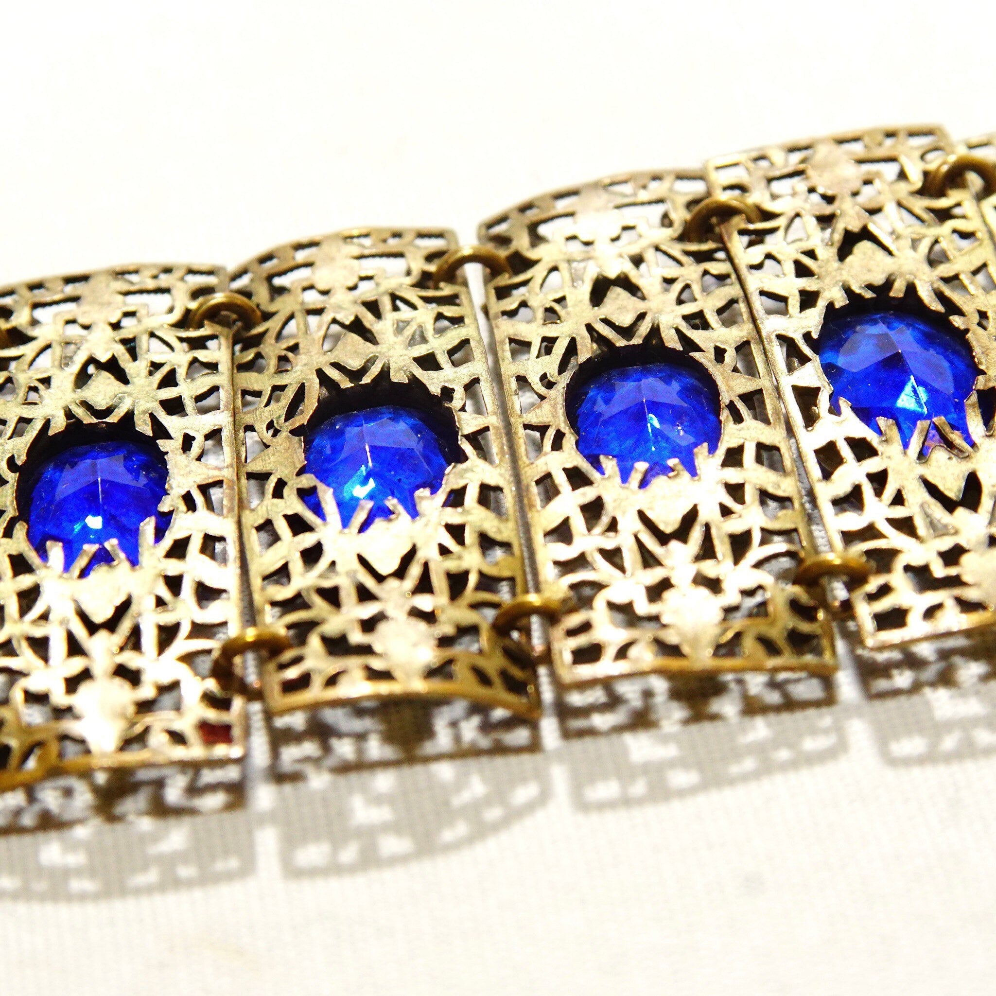 Victorian Czech Enamel Filigree Blue Glass Closed Cuff Bracelet, Blue Rhinestone Accents, Floral Details, Wide Panel Cuff, 7 3/4" L