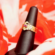 Vintage 14K Yellow Gold Ruby Accent Belt Ring, 6mm Articulated Gold Link Ring Band, Jeweled Belt Buckle, Emerald Cut Stones, Size 6 3/4 US