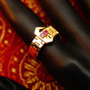 Vintage 14K Yellow Gold Ruby Accent Belt Ring, 6mm Articulated Gold Link Ring Band, Jeweled Belt Buckle, Emerald Cut Stones, Size 6 3/4 US