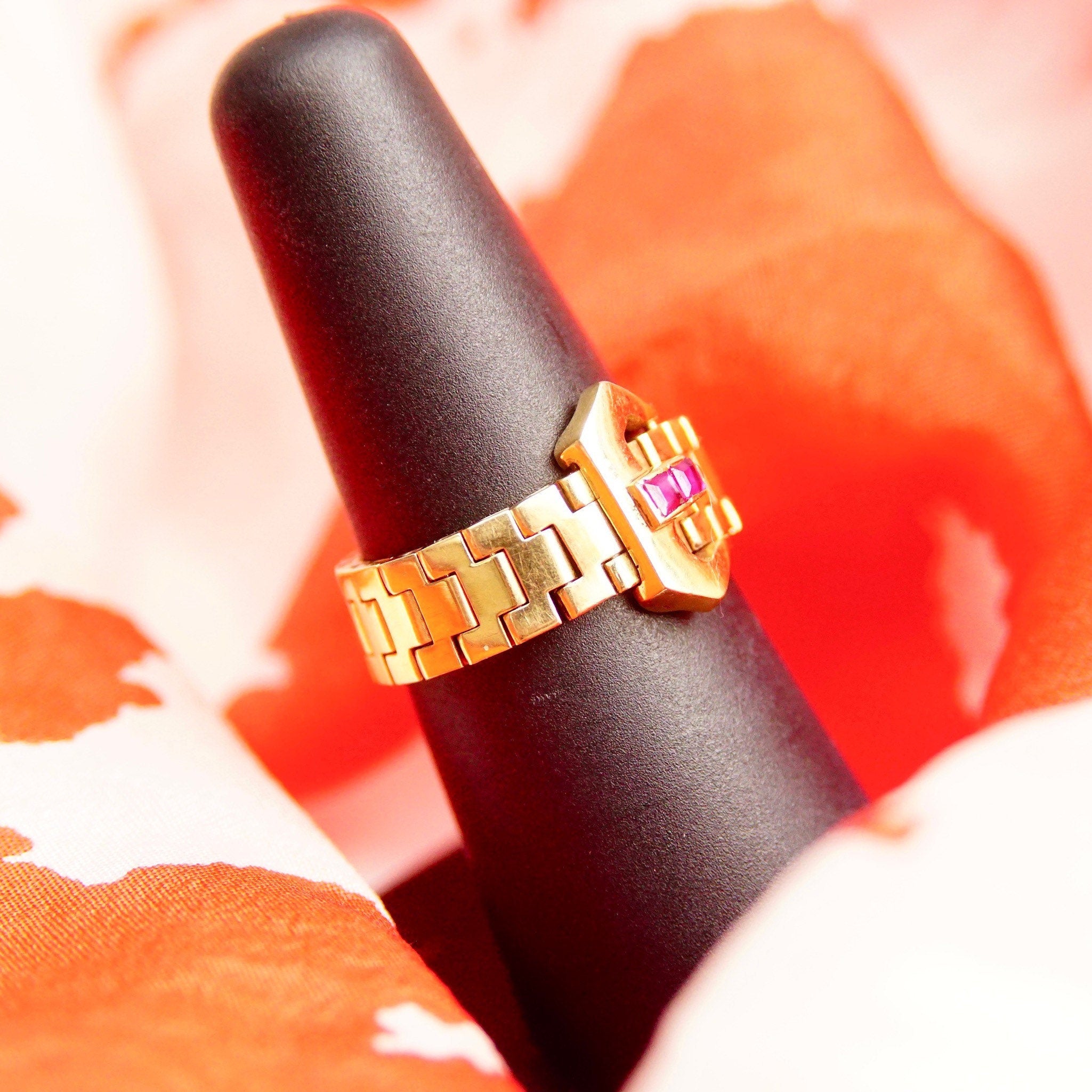 Vintage 14K Yellow Gold Ruby Accent Belt Ring, 6mm Articulated Gold Link Ring Band, Jeweled Belt Buckle, Emerald Cut Stones, Size 6 3/4 US
