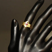 Vintage 14K Yellow Gold Ruby Accent Belt Ring, 6mm Articulated Gold Link Ring Band, Jeweled Belt Buckle, Emerald Cut Stones, Size 6 3/4 US