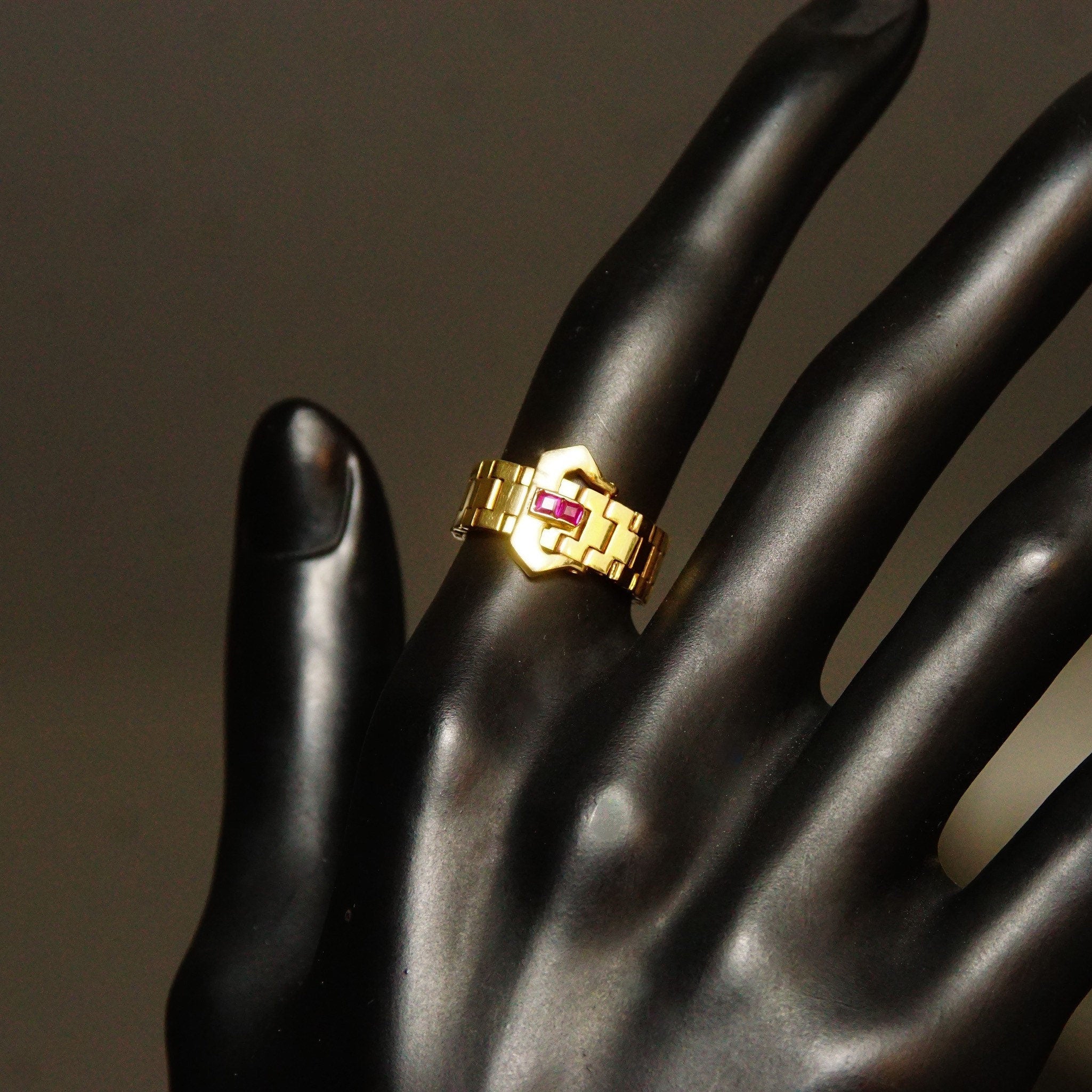 Vintage 14K Yellow Gold Ruby Accent Belt Ring, 6mm Articulated Gold Link Ring Band, Jeweled Belt Buckle, Emerald Cut Stones, Size 6 3/4 US